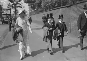 Youth Prints: Typical Eton boys arriving for the Eton versus Harrow match at Lords. They are