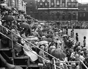 Fifties Prints: Umbrellas out at the Trooping of the Colour rehearsal on Horse Guards Parade, London