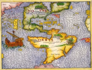 United States Early map of America. Hand coloured woodcut of the New World