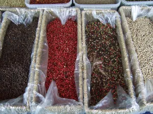 Various sorts of peppercorns on market stall in Edenbridge Kent credit: Marie-Louise