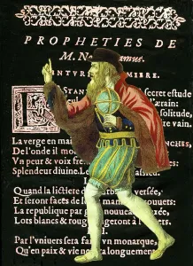 Varittion on the 1808 Epinal portrait, with Nostradamus placed over the opening page