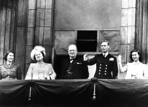 VE day. Winston churchill with the Royal Family on the balcony of Buckingham Palace
