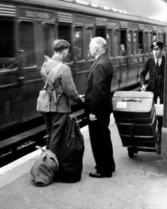 Britain Prints: Vicar says goodbye to his son Sidcup Station Kent 1939 photograph by John Topham