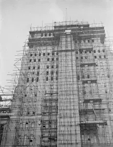 A view up the 210 ft of the tower of the new University of London building which