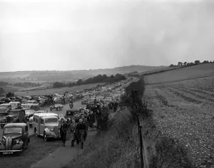 Parked Prints: A view of the Brands Hatch By - Pass in Kent full of cars and spectators arriving