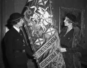 On view at the Girl Guides Association Headquarters is the Standard of St George
