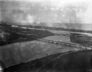 A view of Shoreham - by - Sea from the air showing the bridges over the River Adur