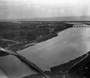 Roads Prints: A view of Shoreham - by - Sea from the air showing the bridges over the River Adur
