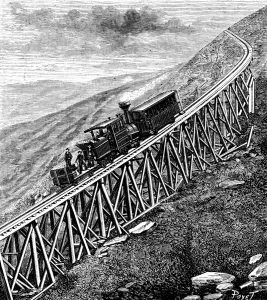 19th Century Prints: View of a train on the perilous railway track on Mount Washington. 19th century