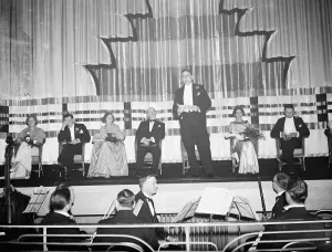 Musicians Prints: The VIPs making speeches on stage at the opening of the Odeon cinema in Sidcup, Kent