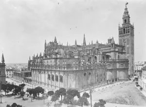 To be visited by the Prince of Wales. Seville Cathedral, showing the famous Giralda