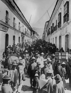 The war between Bolivia and Paraguay. A view of the busy Calle de Mercade at La Paz