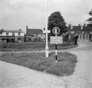 A one way street sign in Otford, Kent. 1936