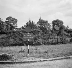 Fence Prints: A one way street sign in Otford, Kent. 1936