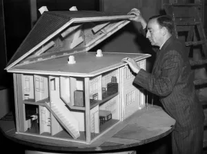 Living Conditions Prints: At the Welsh Industries Fair - a model of the Airey permanent house made of precast concrete units