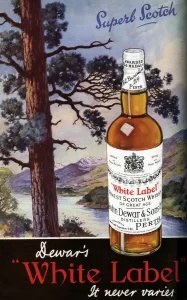 Bottle Prints: WHISKY ADVERTISEMENT - 1939 Advertising poster for Dewarss White Label brand