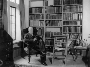 Winston Churchill at home in his library in Chartwell Westerham Kent
