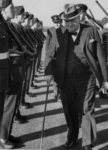 Walking Stick Prints: Winston Churchill who has been staying at the Monte Carlo since Sunday today arrived