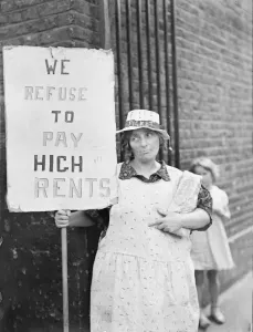 Living Conditions Prints: Wives as pickets in East End no rent strike. What is stated to be the largest