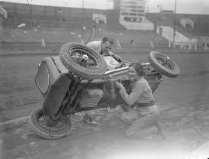 Woman driver takes up midget car racing. Fay Taylor, well known racing driver