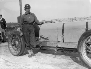 Women racing champions practice for thrill speed duel at Brooklands. Mrs Kay Petre