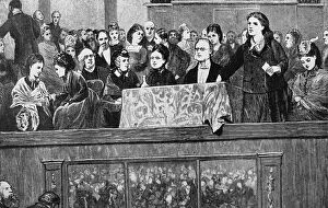 Suffragette Collection: Womens suffrage: Meeting in Hanover Square Rooms about 1870; Rhoda Garrett speaking