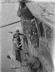 Work being done on the motor vessel Suavity which is moored at Greenhithe, Kent