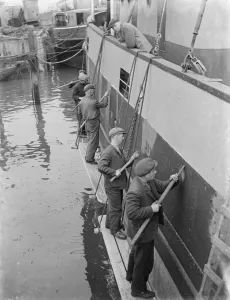 Work being done on the motor vessel Suavity which is moored at Greenhithe, Kent