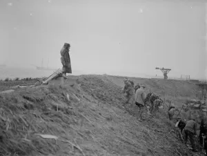 Workers maintaining the river defences and doing repairs on the river wall and embankment