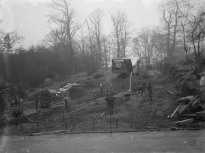 Crane Prints: Workmen cutting a new road at Summer Hill, Kent. 1936