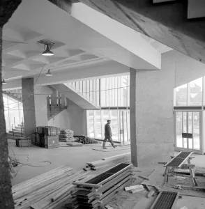 Workmen working on the auditorium of Chichester Festival Theatre in Sussex pictured