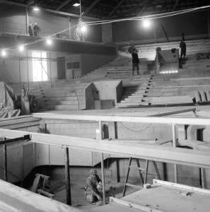 Interior Prints: Workmen working on the auditorium of Chichester Festival Theatre in Sussex view is