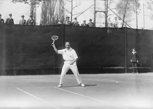 The worlds hard court lawn tennis championships at Brussels. Weber ( Belgium ) in play