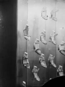 Glass Prints: Woven glass shoes at a shoe and leather fair. 8 October 1934