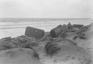 The wreckage of bathing huts at Littlehampton after the Great Storm. 1925