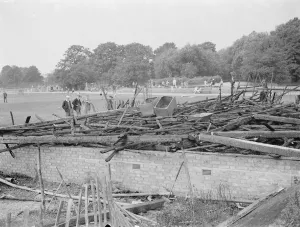 Wood Prints: The wreckage of the burnt out pavilion at Dartford. 1937
