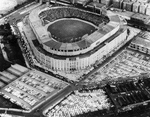 Aerial View Prints: Yankee Stadium baseball park in New York preparing for the Popes visit in October