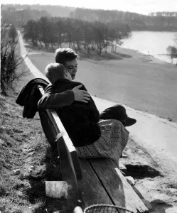 Bench Prints: Young couple in the park 1962 love couple romance romantic for valentines day be