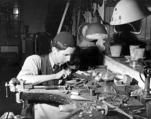 Tools Prints: Young craftsman in silver & gold, apprentice Peter Talbot. Kent 1952